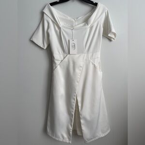 Coeur De Vague White Wrap Front A-Line Size 8 XL Off The Shoulder Cocktail Dress